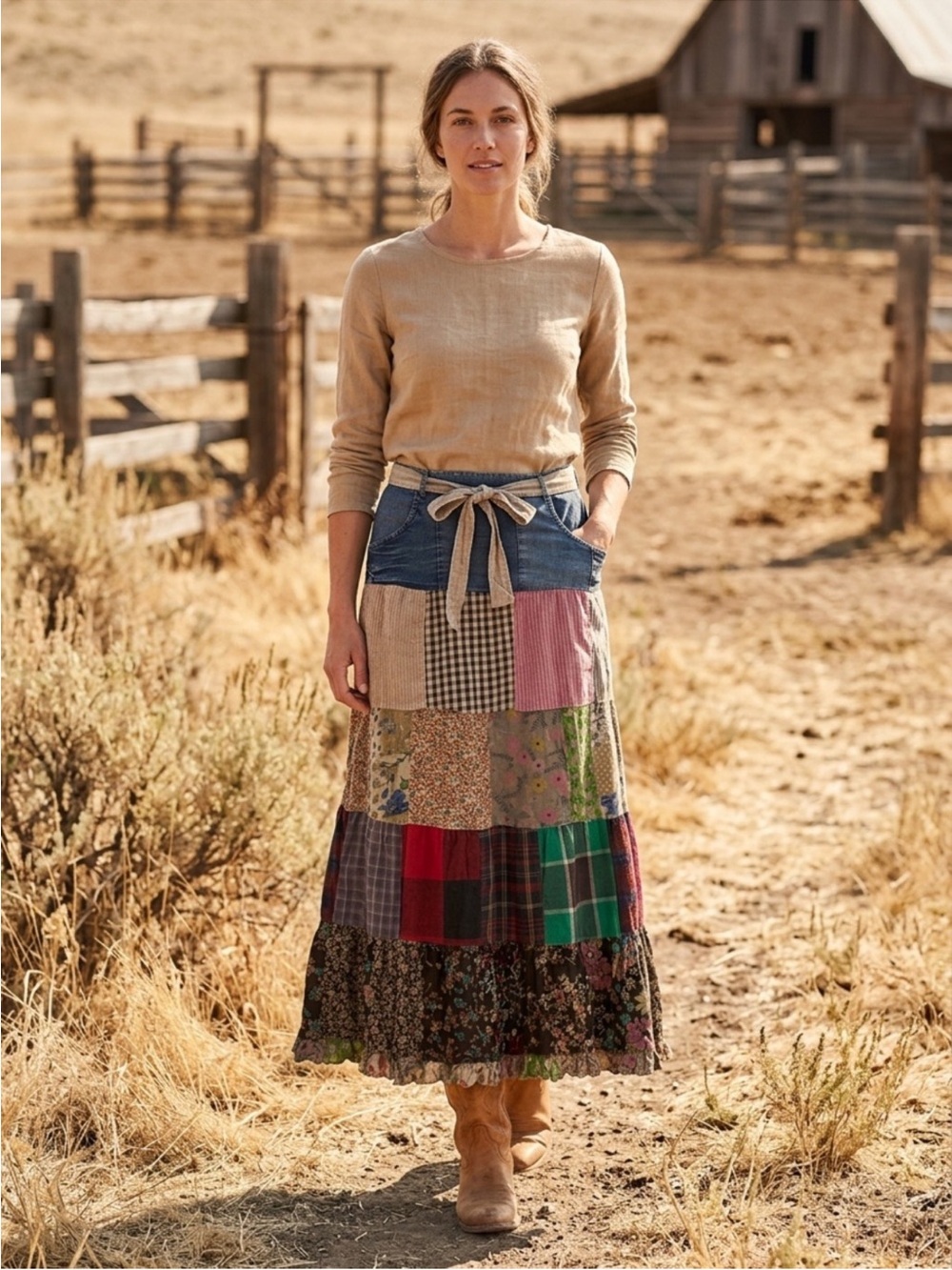 NWT: Young Threads Denim Mixed Patchwork Tie Waist Maxi Skirt - Picture 2 of 2